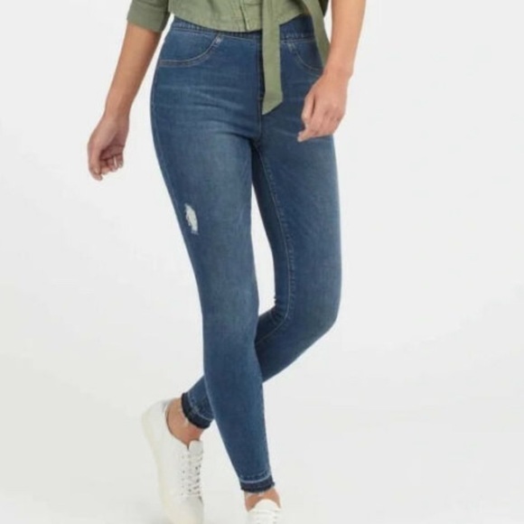 SPANX Denim - Spanx Distressed Skinny Jeans Raw Hem Stretch Legging Dark Denim Size Medium